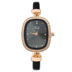 Elegant oval gold watch with diamond bezel and black leather strap for women