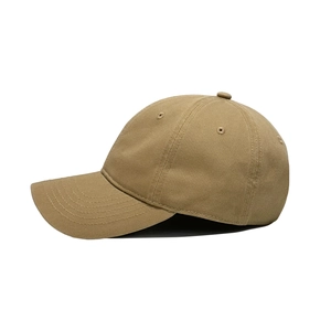 Side view of khaki washed cotton baseball cap featuring reinforced stitching on the brim