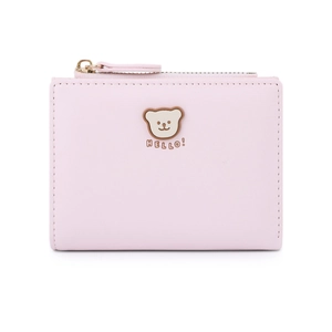 Cute pink short wallet with cartoon bear logo and Hello text in synthetic leather