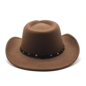 Detail of dark brown wool cowboy hat with black studded band and metallic rivets