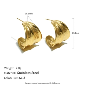 18K gold plated stainless steel C-shape earrings with textured wave surface for women