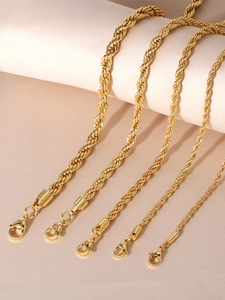 Close-up of five 18k gold plated rope chains in different widths with lobster clasps