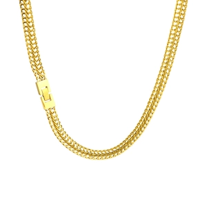 Golden foxtail chain necklace for men with a polished rectangular clasp on white background