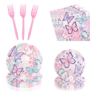 Pink floral butterfly disposable party tableware set with paper plates and napkins