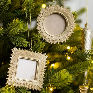 Christmas champagne resin photo frame ornaments hanging on a decorated tree branch