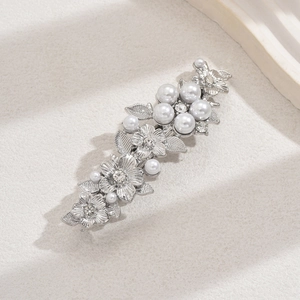 Elegant silver metal spring hair clip with white pearls and rhinestones flower design