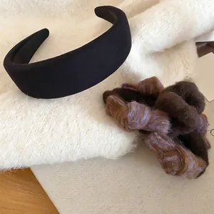 Elegant black twill headband and fuzzy purple plush hair scrunchie set for women