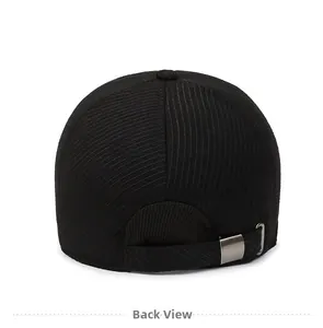 Back view of black corduroy baseball cap with an adjustable metal buckle strap