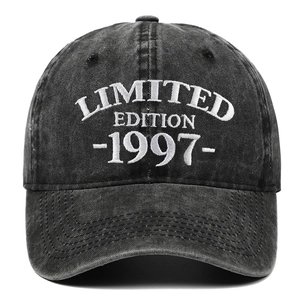 Detailed close-up of 1997 Limited Edition 3D white embroidery on washed black cotton cap