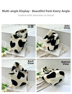 Detail shots showing front, side, and bottom views of the plush heart pattern bucket bag