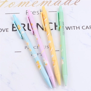 Detail of 0.5mm retractable mechanical pencils in pastel colors with cartoon duck pattern