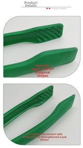 Detail of green plastic food tongs showing 45-degree anti-slip ribs and reinforced arc frame