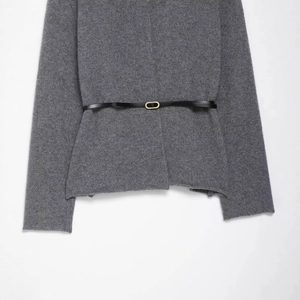 Medium gray wool blend knit cardigan featuring a slim black leather belt with gold buckle