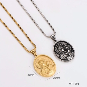 Oval religious relief pendants in gold and vintage silver with chain measurements