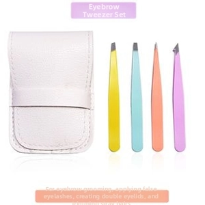 Macro detail of a 4-piece colorful stainless steel eyebrow tweezer set with a white pouch