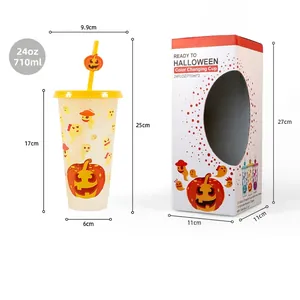 24oz Halloween pumpkin color changing straw cup set with decorative silicone pumpkin topper