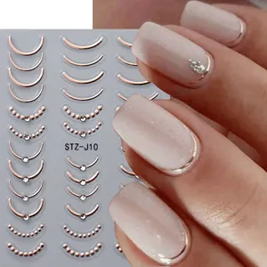 Stickers ongles 5D embossés or rose avec motifs strass pour manucure française chic