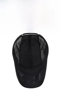 Detail view of the breathable mesh fabric and durable stitching of the black sports cap