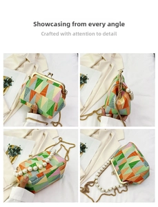 Multi-angle views of a shell bag with geometric patterns, pearl handle and chain strap