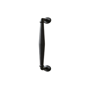 Vintage industrial black cast iron door handle with textured hammered finish on white background