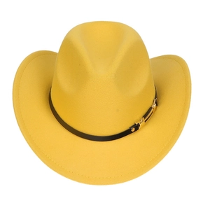 Top view of yellow felt cowboy hat with black leather band and golden metal buckle detail