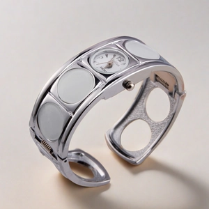 Detail view of silver bangle watch with white inlay decorations and Arabic numerals