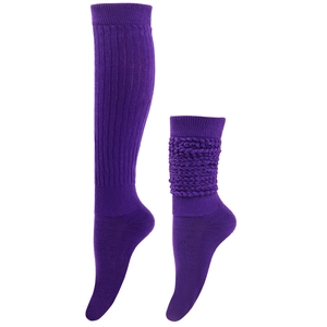 Detail of purple ribbed slouch socks showing high elasticity in stretched and stacked states