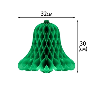 Detailed dimension view of green Christmas honeycomb bell decoration, 32cm width by 30cm height