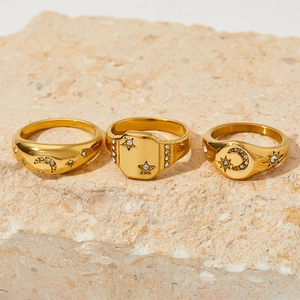 Bagues de luxe en acier inoxydable doré 18K avec étoile et lune sur pierre