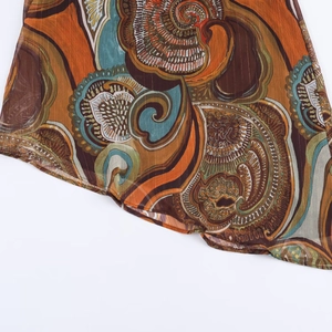 Bohemian paisley print blouse with metallic threads and asymmetric hem for women
