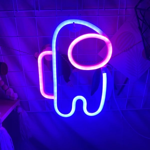 Close-up of dual-color blue and pink neon sign in Among Us character shape