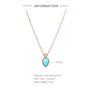 Detailed view of teardrop turquoise pendant in rose gold plated 925 sterling silver