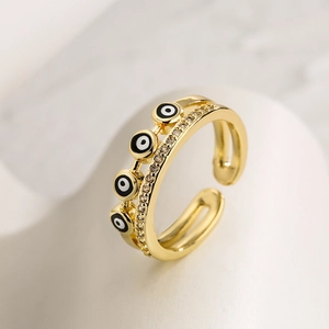 Adjustable 18K gold plated copper ring with Evil Eye enamel and zircon accents