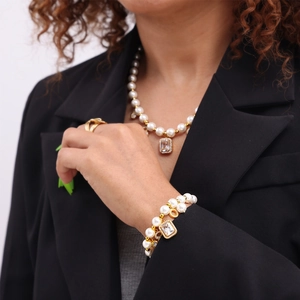 Vintage 18k gold plated pearl necklace and bracelet set with geometric crystal charms