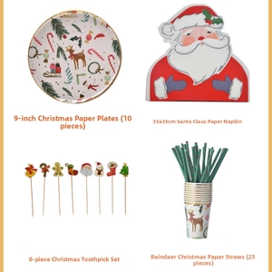 Detail of Christmas party set with paper plates, napkins, cake toppers and straws