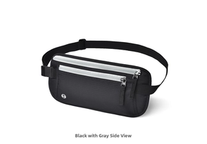 Side view of waterproof RFID blocking travel money belt with black grid fabric and grey zipper