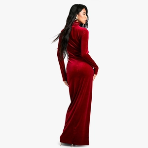 Elegant red velvet maxi dress with high neck and long sleeves for winter evening wear