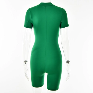 Rear view of green slim-fit short sleeve bodysuit featuring vertical zip closure