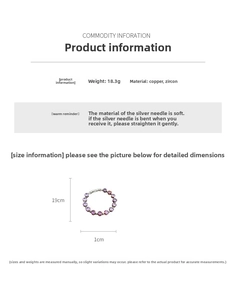 Infographic showing purple zircon bracelet size 19cm and copper gold plated materials