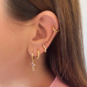 Chic gold hoop earrings set with colorful zircon cross charms and cuffs for women