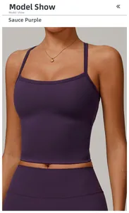 Front model view of dark purple U-neck sports yoga tank top with thin shoulder straps
