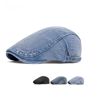 Vintage washed denim flat cap with adjustable side buckles in four blue color shades