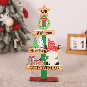 Christmas tree wooden tabletop ornament with gnome design and merry christmas text