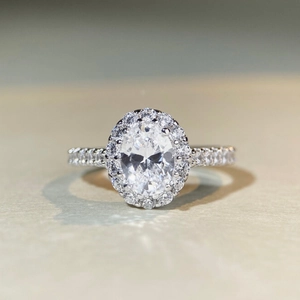 Classic 1.5ct oval moissanite halo engagement ring in 925 sterling silver pave setting