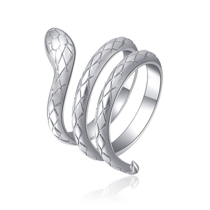 Punk style snake-shaped wrap ring in polished silver with detailed scale engraving