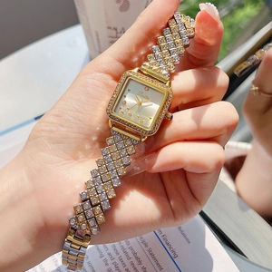 Elegant square rhinestone watch with two-tone silver and gold strap for women