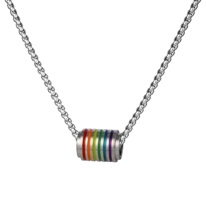 Close-up of rainbow cylinder pendant with vibrant colors on a silver box chain necklace