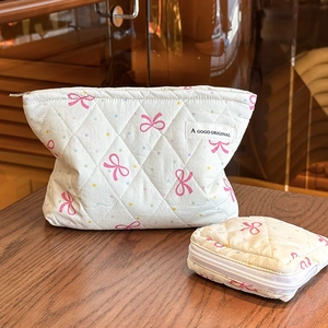 Quilted Cotton Makeup Bag Zipper Cosmetic Pouch Travel Toiletry Organizer Cute Bow Polka Dot For Women