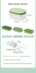 Detail view of avocado green silicone ice mold set with storage box and matching scoop