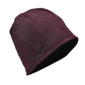 Detail of warm burgundy heather knit beanie with soft black fleece lining for winter